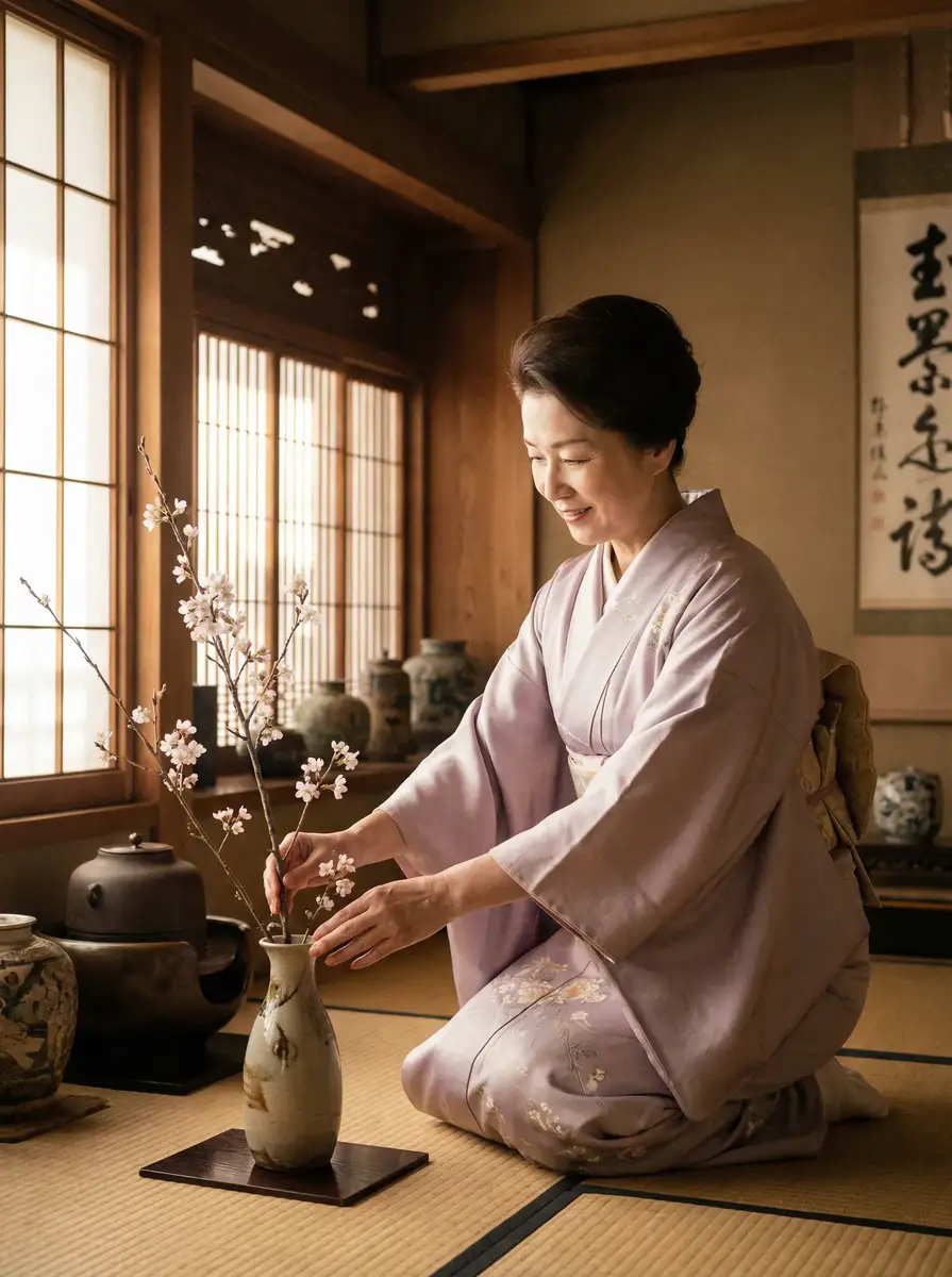 一位优雅的 91樱花 在和室中插花